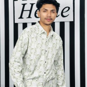 white and green print shirt
